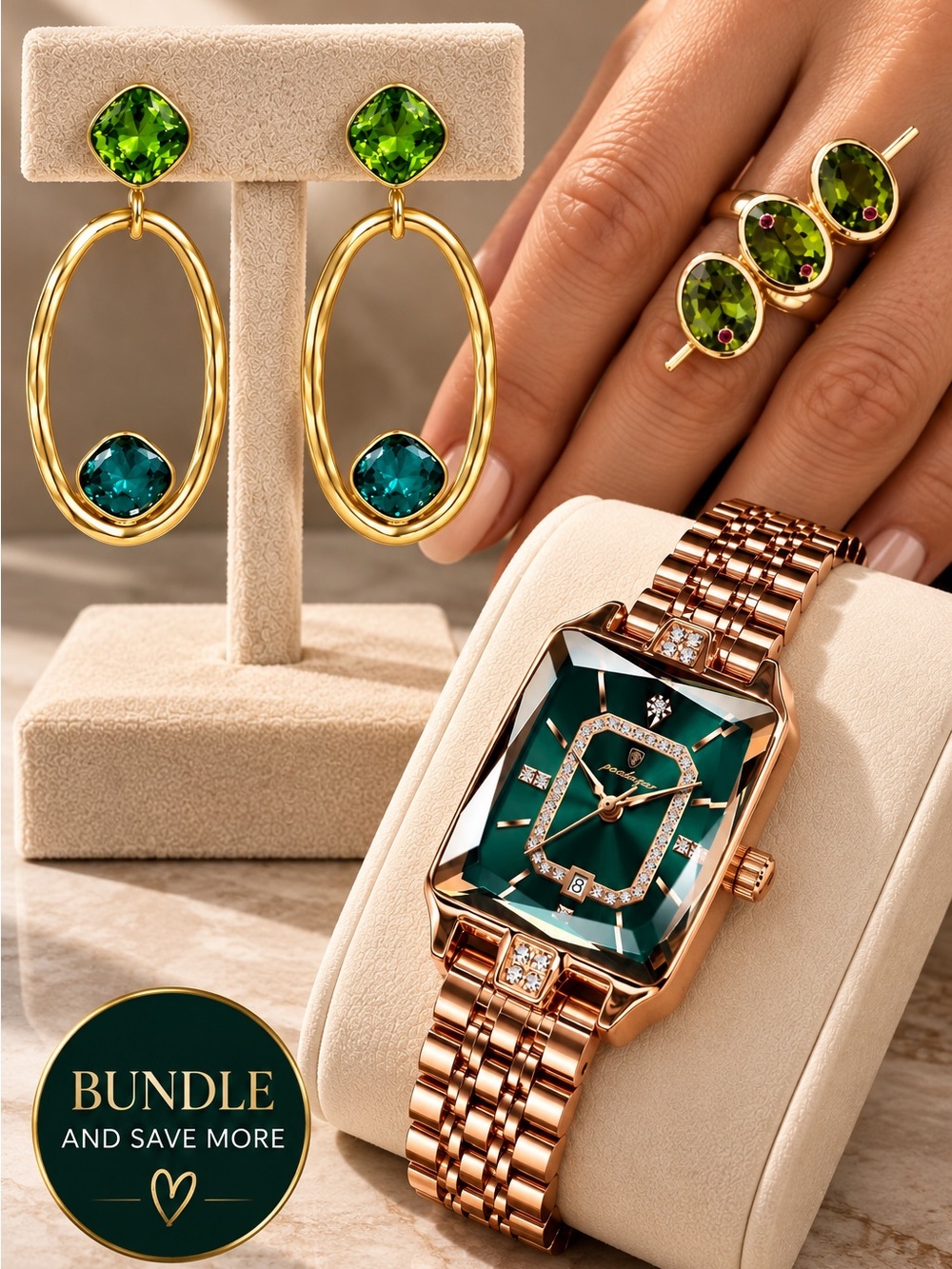 Gold-Tone Green Dial Women's Watch with Green Crystal Earrings and ring Bunde